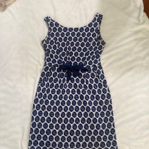 Blue button print Lilly dress with bow detail